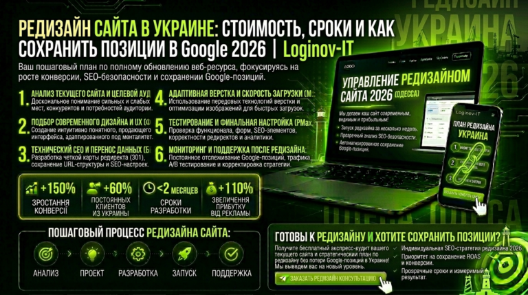 Редизайн сайта в Украине: стоимость, сроки и как сохранить позиции в Google 2026 | Loginov-IT, редизайн сайта Украина 2026, обновление сайта Украина, SEO-миграция редизайн, редизайн без потери позиций, стоимость редизайна Украина, UX-аудит сайта, конверсия после редизайна, редизайн корпоративного сайта, Loginov-IT редизайн