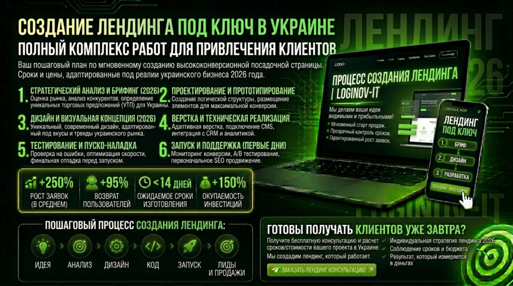 Создание лендинга под ключ в Украине — цена и сроки 2026 | Loginov-IT 2 | Loginov IT Создание лендинга под ключ в Украине — цена и сроки 2026 | Loginov-IT 1 | Loginov IT