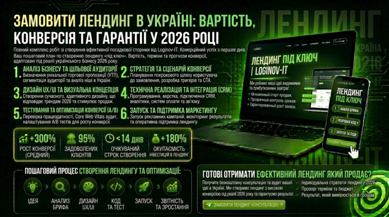 Замовити лендинг в Україні: скільки коштує і яка конверсія у 2026 році, замовити лендинг Україна 2026, створення лендингу під ключ Україна, landing page розробка Україна, ціна лендингу Україна, конверсія лендингу,