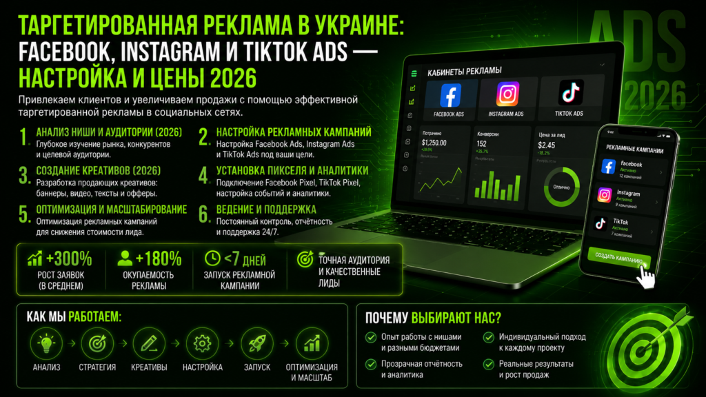 Таргетированная реклама в Украине: Facebook, Instagram и TikTok Ads — настройка и цены 2026 2 | Loginov IT Таргетированная реклама в Украине: Facebook, Instagram и TikTok Ads — настройка и цены 2026 1 | Loginov IT
